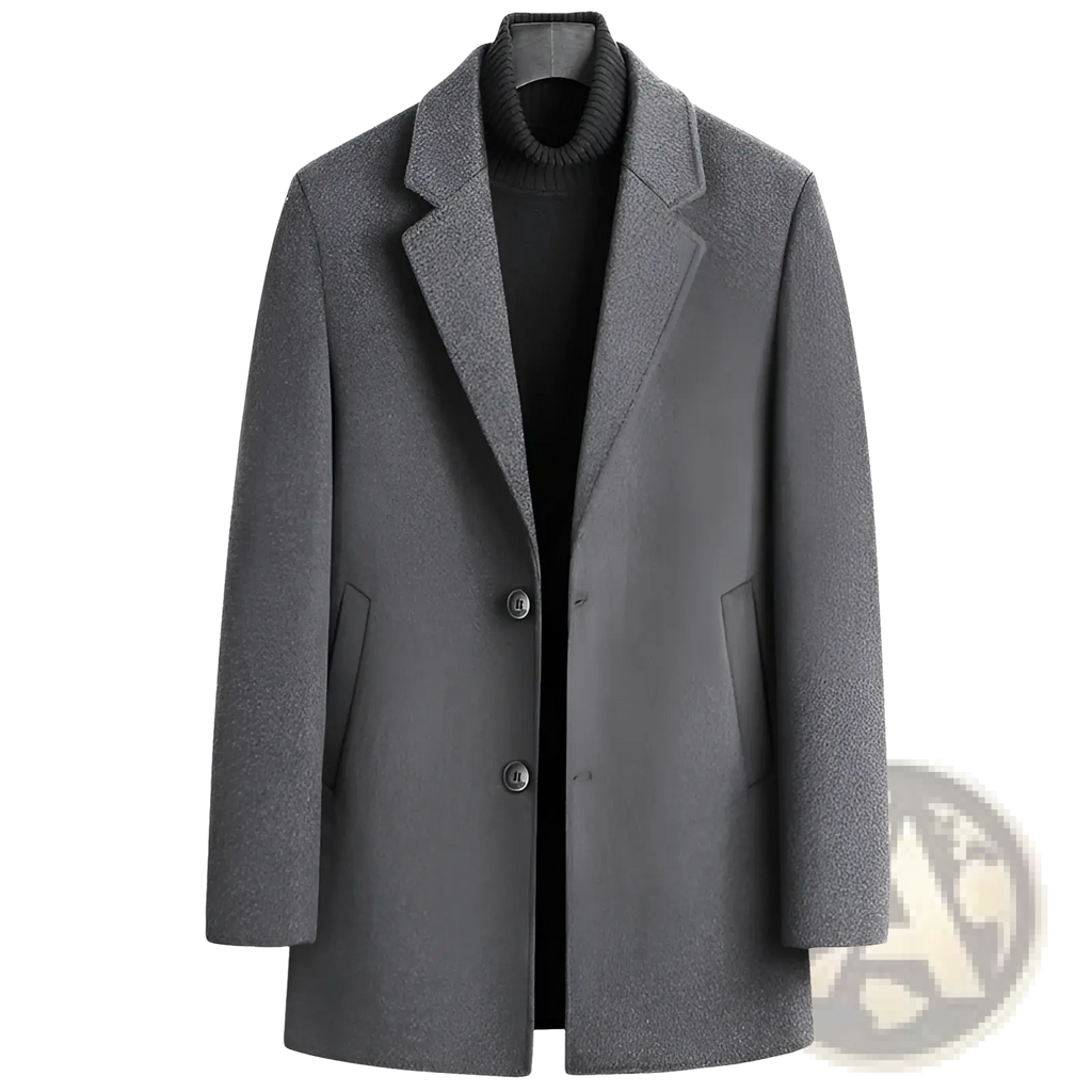 A sleek charcoal gray men thick wool overcoat with a classic notched collar and two front buttons for winter warmth