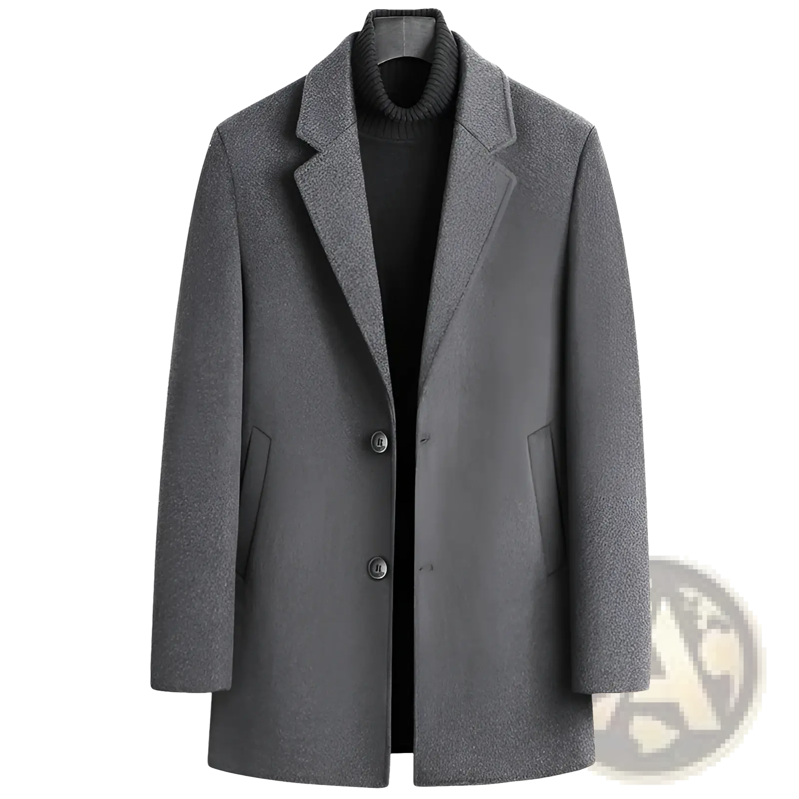A sleek charcoal gray men thick wool overcoat with a classic notched collar and two front buttons for winter warmth