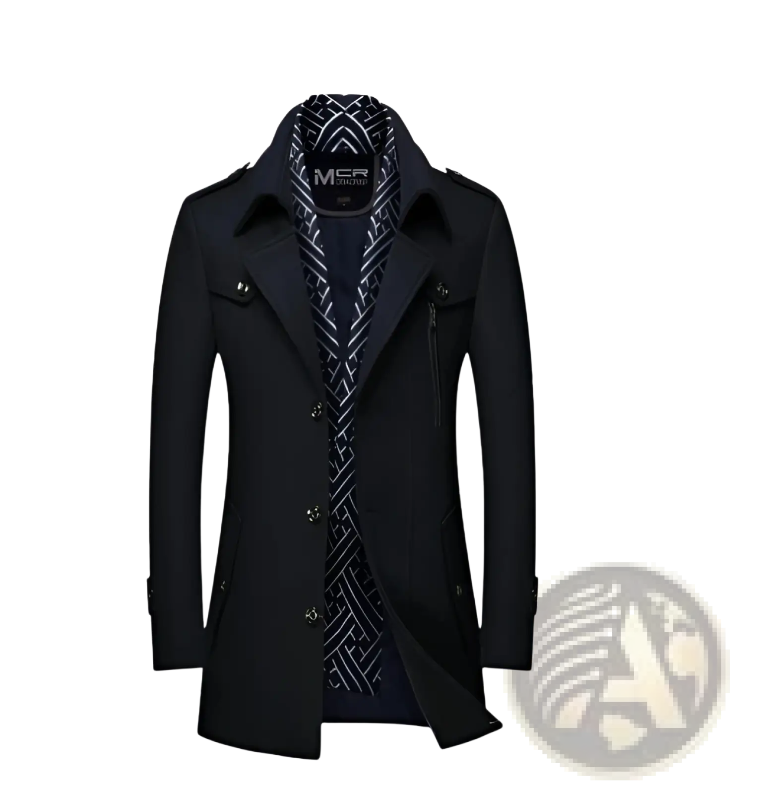 Men thickened black woolen trench coat with double collar and geometric patterned inner lining for outerwear use