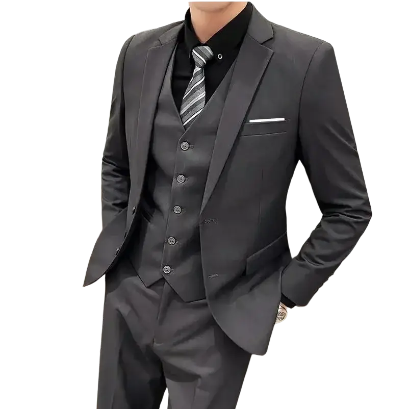 Men three piece suit in black with sleek tailored fit subtle sheen and single breasted closure type for formal wear