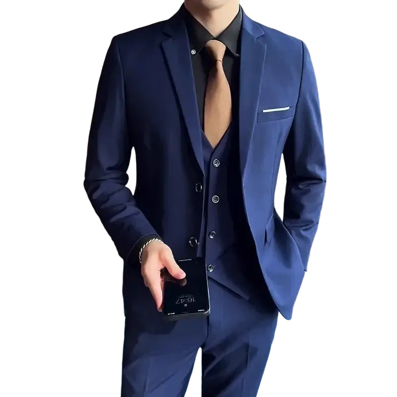 Men three piece suit single breasted formal wear in navy blue with sleek tailored fit and button closure type vest