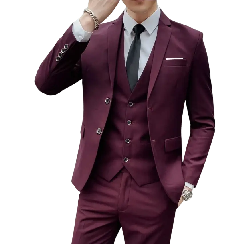 Men three piece suit single breasted formal wear in sharp maroon with tailored fit and silver toned button closure type