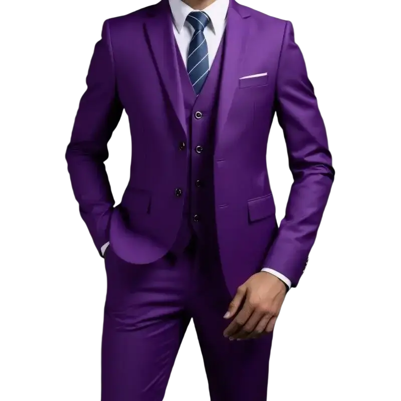 A sharp vibrant purple men three piece suit with sleek tailored fit and single breasted closure type for formal wear