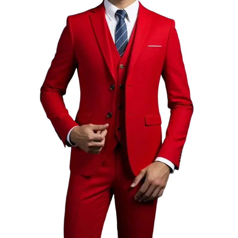 Men three piece suit single breasted formal wear with sharp red tailored fit and black button closure type