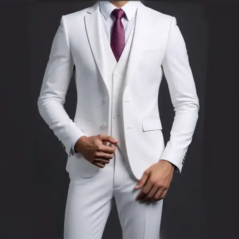 Men three piece suit white tailored fit with crisp fabric subtle contrast stitching and single breasted closure type