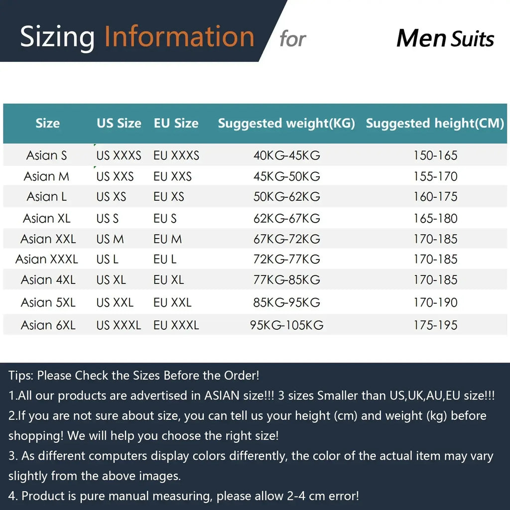 Asian sizing chart for men three piece suit slim fit formal outfit showing us eu sizes with weight and height ranges