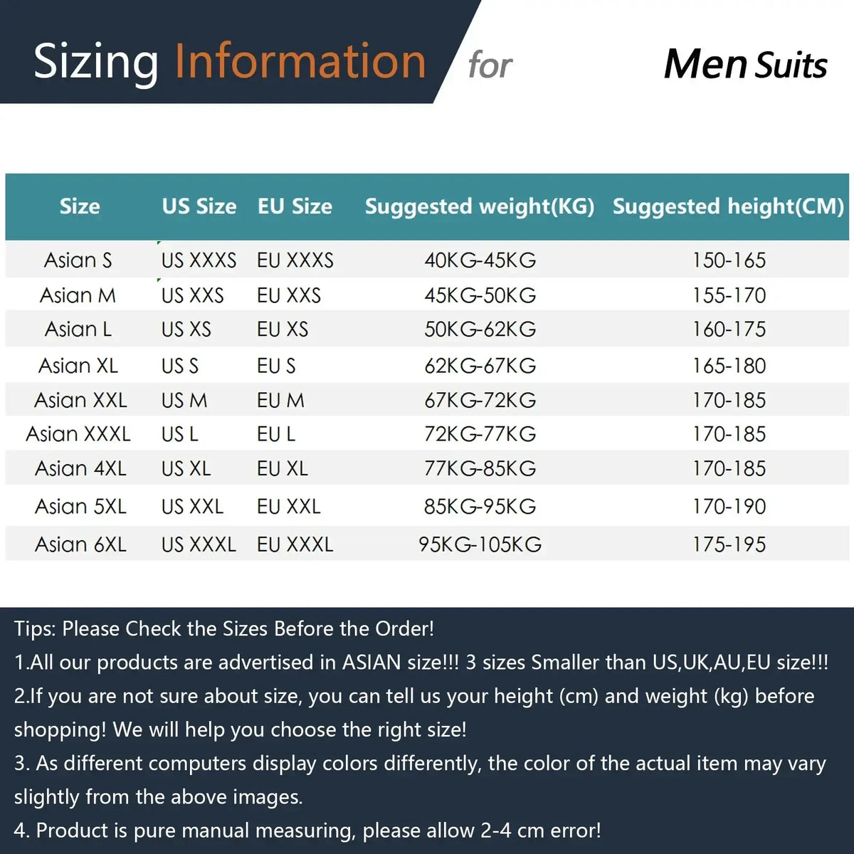 Asian sizing chart for men three piece suit slim fit formal outfit showing us eu sizes with weight and height ranges