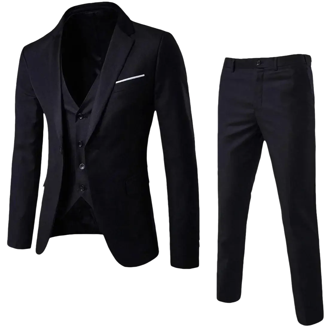 Black slim fit men three piece suit set with tailored jacket vest and pants featuring white contrast stitching on pocket