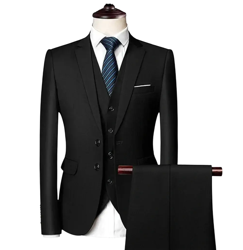 Men three piece suit slim fit formal outfit in black featuring tailored jacket vest and pants with matching dark buttons