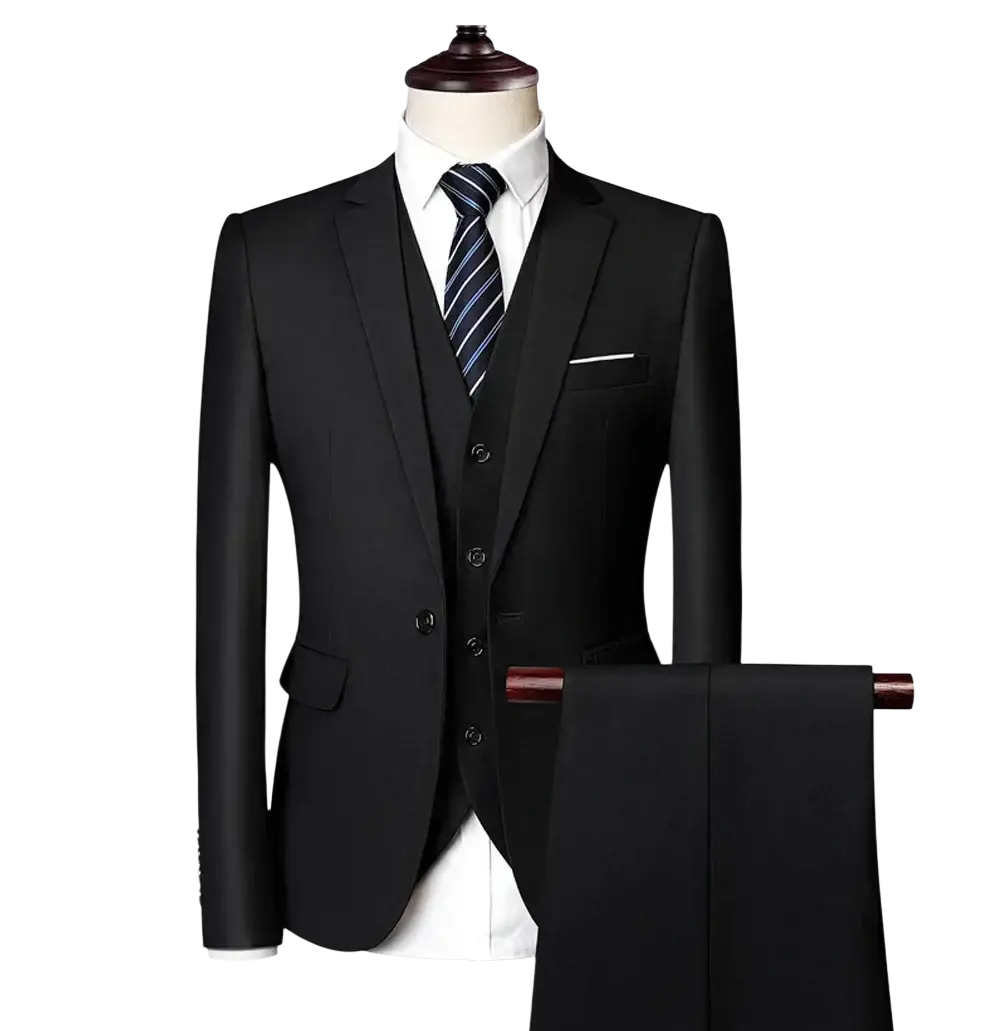 Black slim fit men three piece suit set with tailored jacket one button closure vest and pants for formal occasions