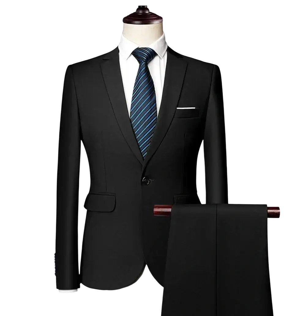 Black two-piece slim fit formal suit with single button tailored fabric and matching pants for men three piece outfit
