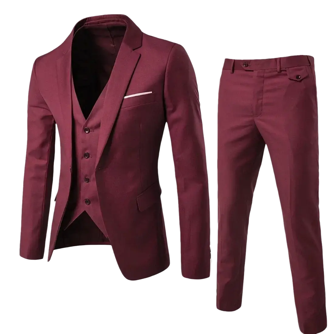 Men three piece suit slim fit formal outfit in claret with tailored jacket vest and subtly textured matching fabric pants