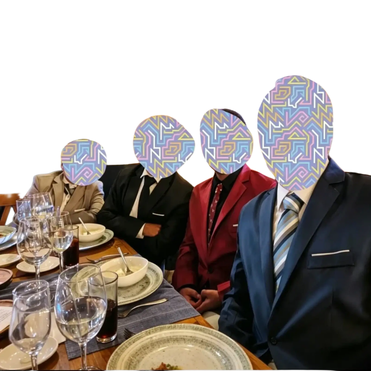 Four men wearing slim fit formal three piece suits in beige black red and navy blue seated at a dining table