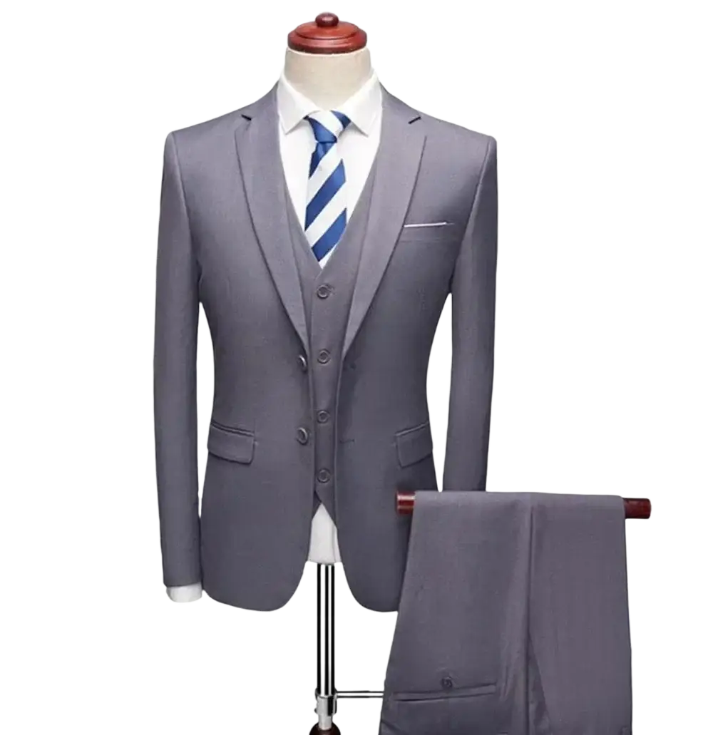 Men three piece suit slim fit formal outfit in grey featuring tailored jacket vest and pants with two buttons each