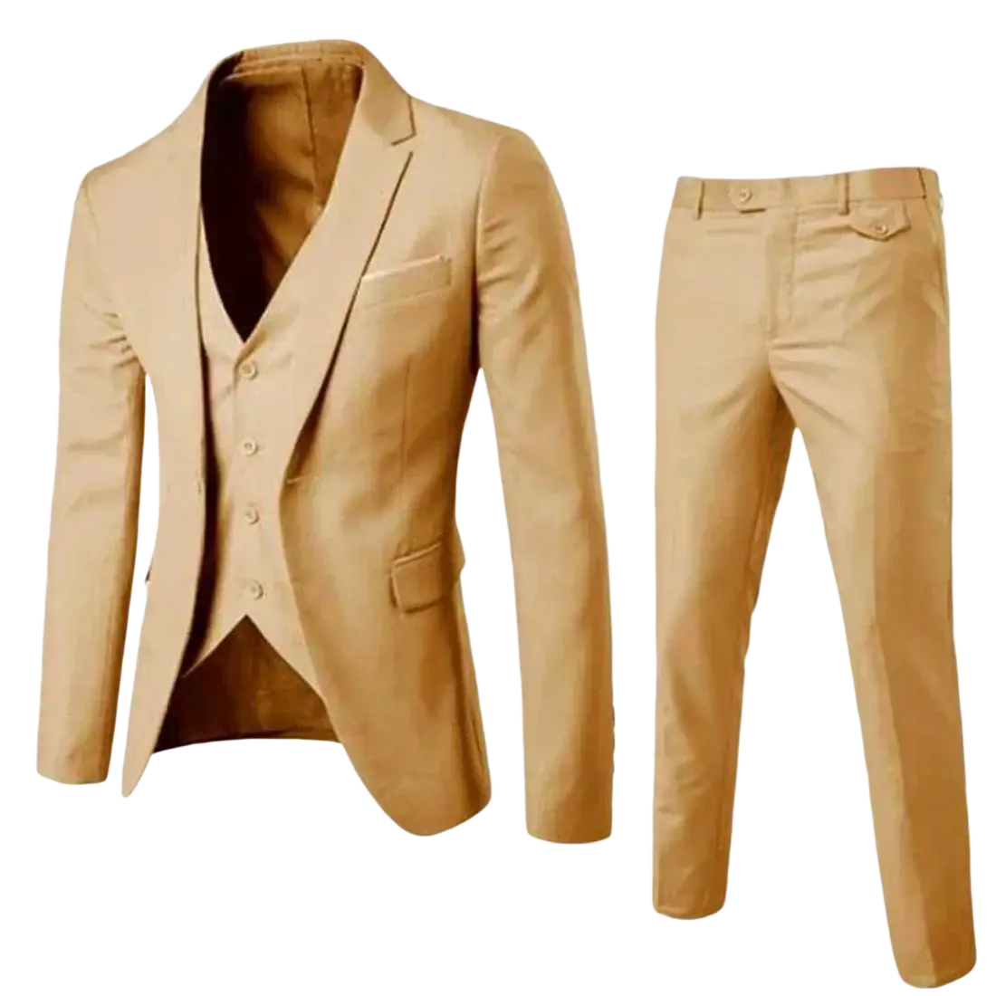 Men three piece suit slim fit formal outfit in khaki featuring a single button jacket vest and tailored pants