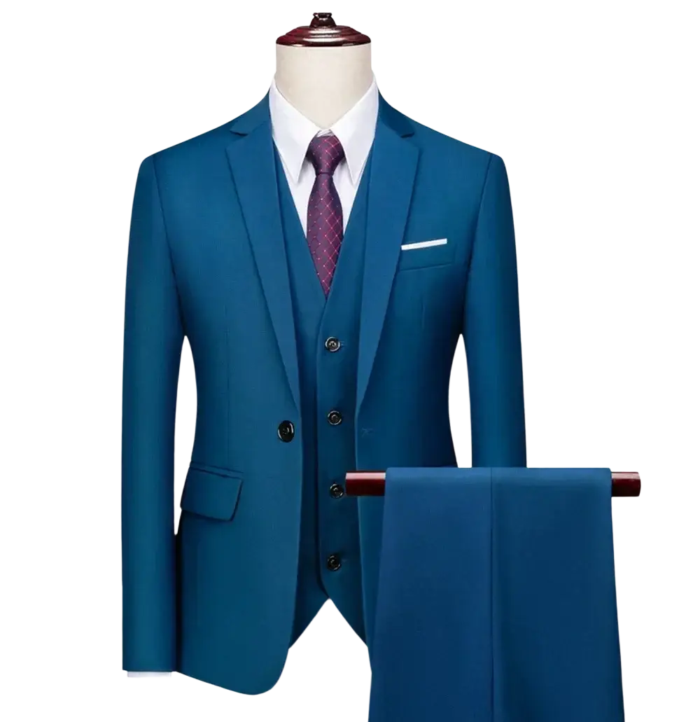 Men three piece suit slim fit formal outfit in lake blue featuring tailored jacket vest pants matching dark buttons and white pocket square