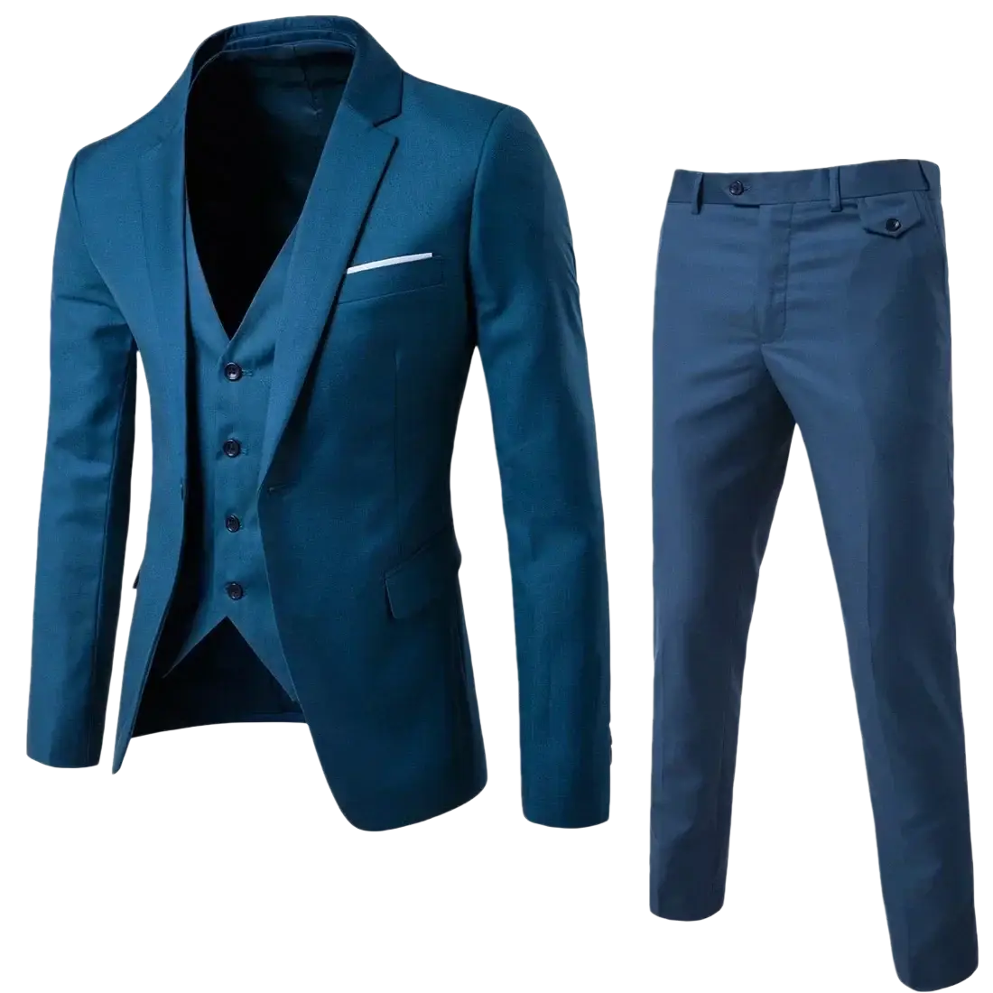 Men three piece slim fit formal suit set in lake blue featuring tailored jacket vest pants with subtle white pocket detail