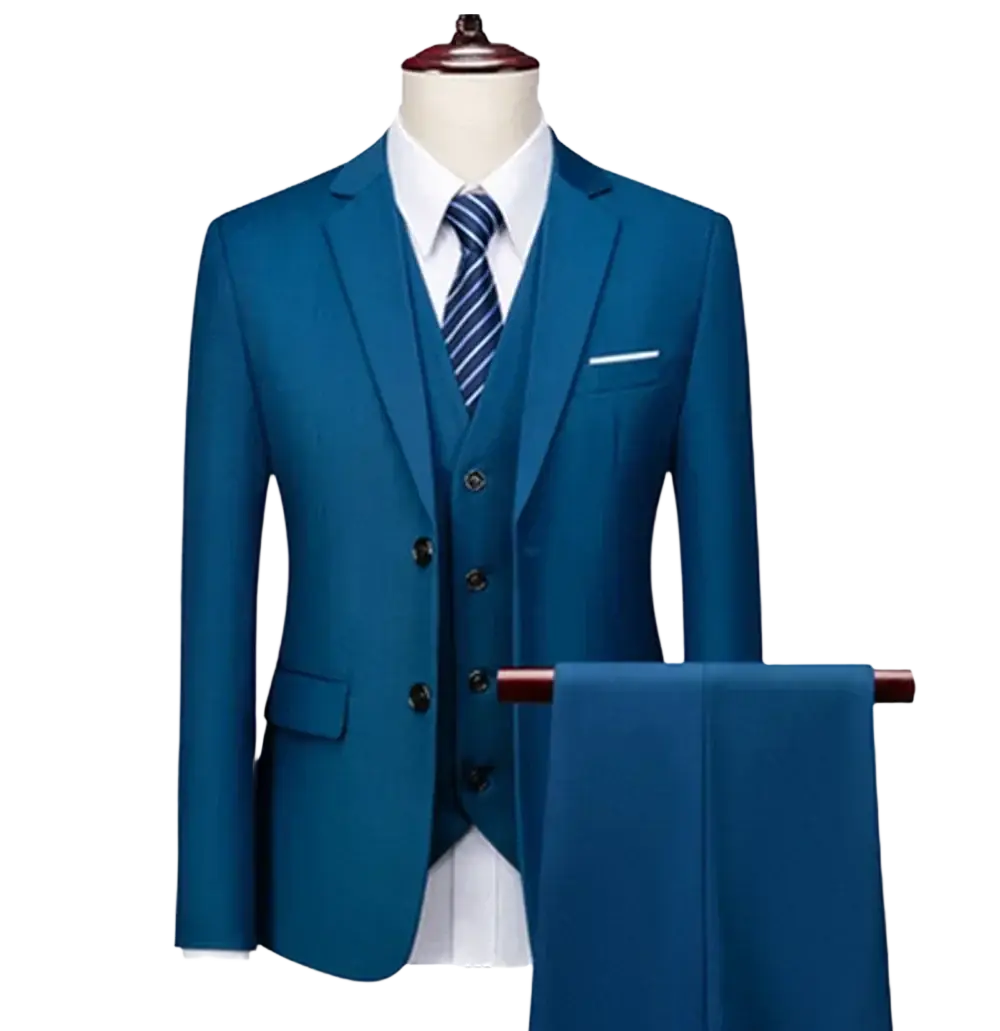 Men three piece slim fit formal suit set in lake blue featuring tailored jacket, vest, and pants with dark buttons