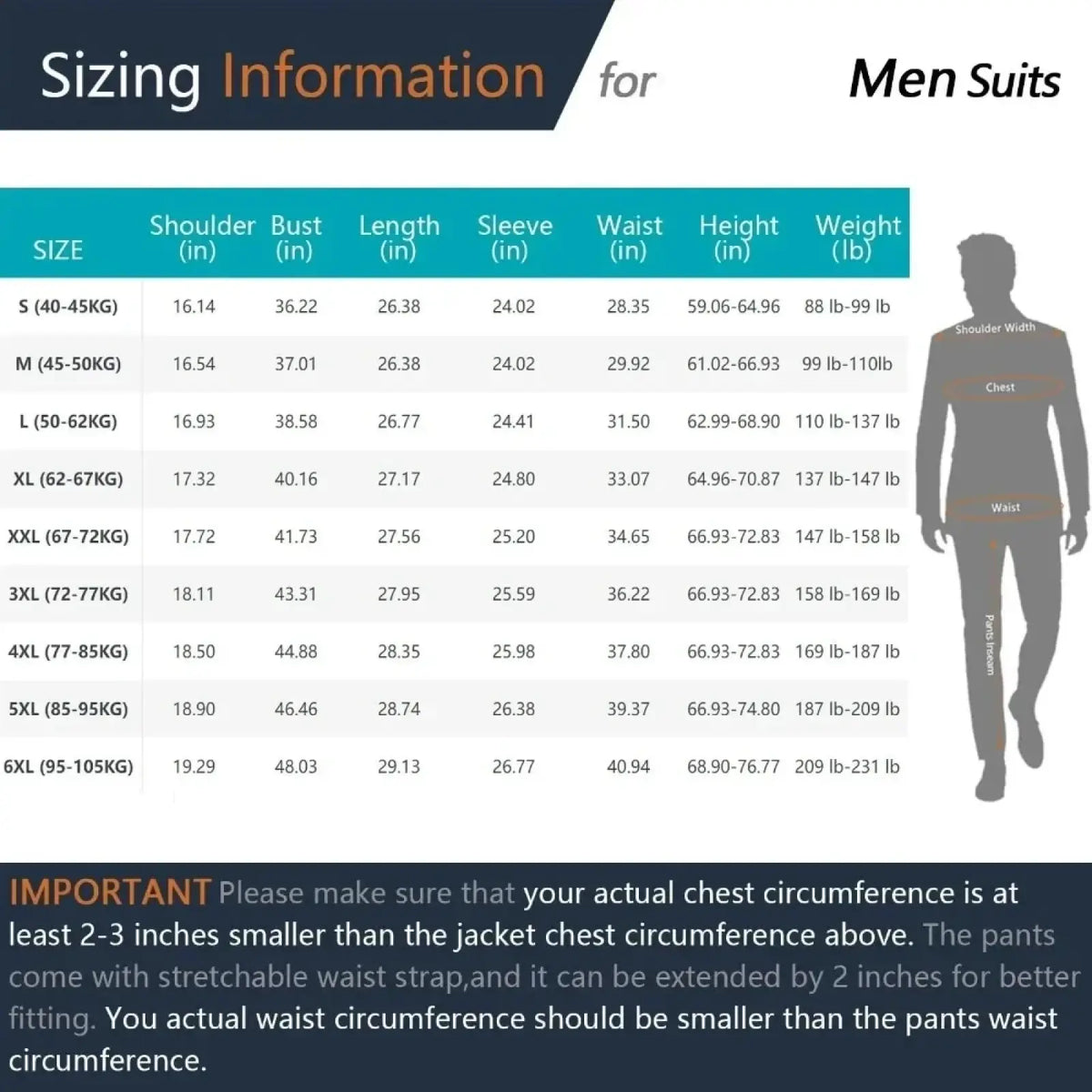 Men three piece suit slim fit formal outfit sizing chart with detailed shoulder width bust length sleeve waist height and weight measurements