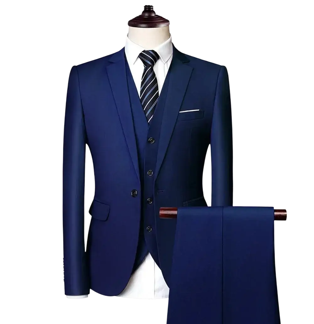 Navy blue slim fit men three piece suit set with tailored jacket vest and matching subtly textured pants