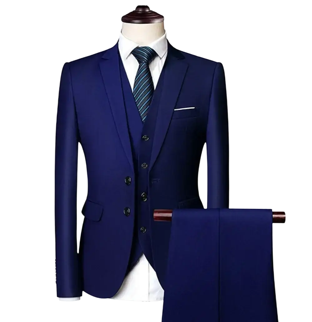 Men three piece slim fit formal suit set in navy blue featuring tailored jacket vest and matching dark buttons