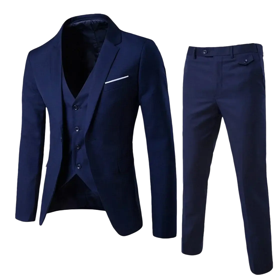 Navy blue men three piece suit slim fit formal outfit with tailored jacket vest one button closure and matching trousers