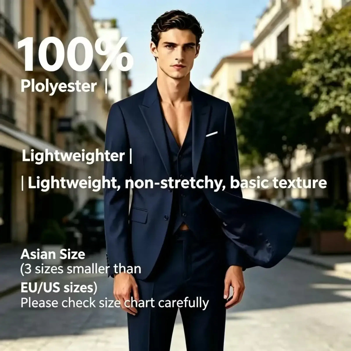Navy blue polyester men three piece suit slim fit formal outfit showcasing the back side of the jacket