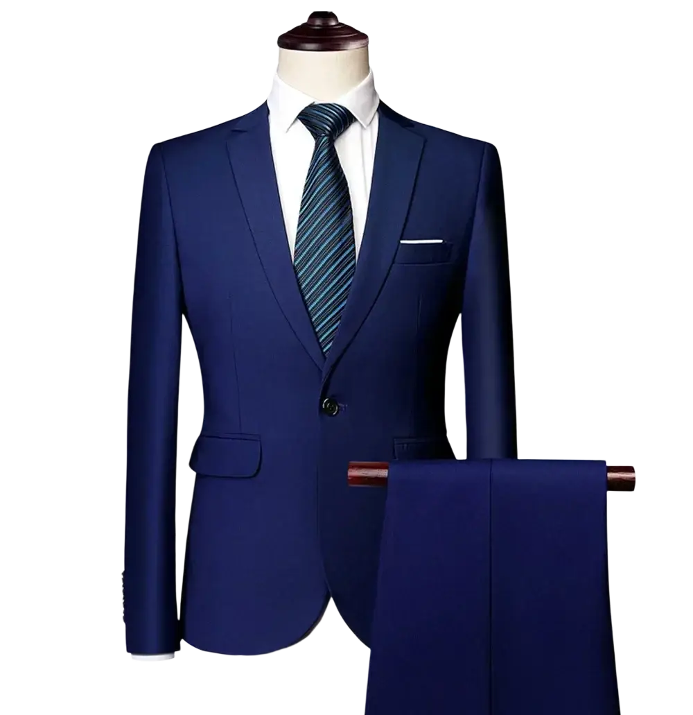 Men three piece suit slim fit formal outfit featuring a navy blue two-piece suit with single button jacket and matching pants