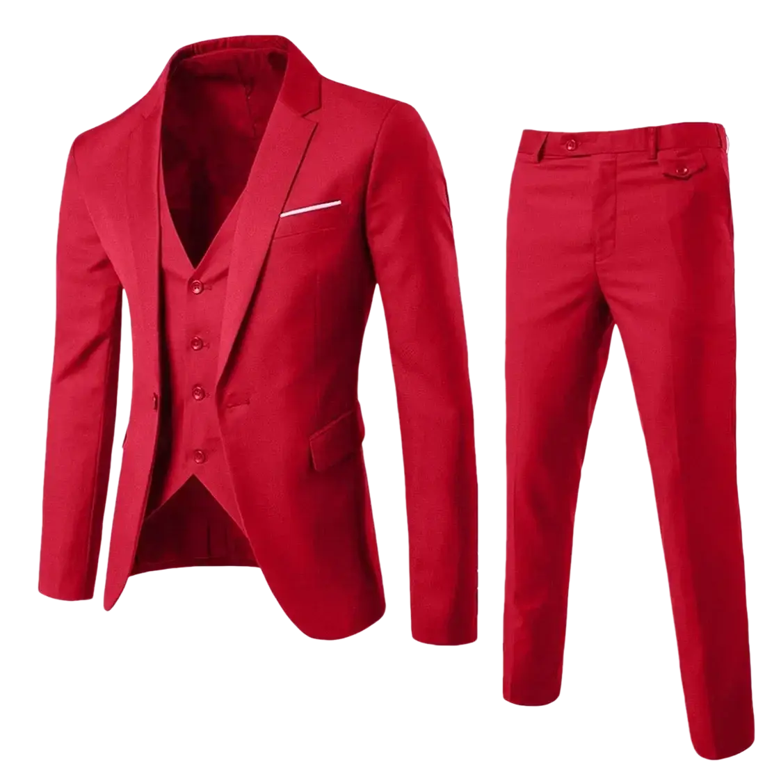 Men three piece suit slim fit formal outfit in vibrant red fabric with tailored jacket vest pants and subtle white pocket trim