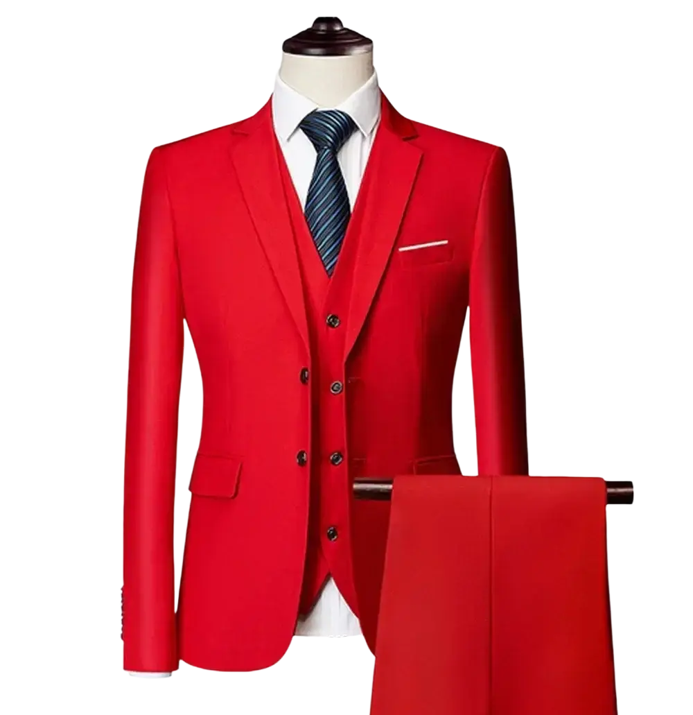 Men three piece suit slim fit formal outfit in vibrant red fabric with tailored jacket vest and pants with black buttons