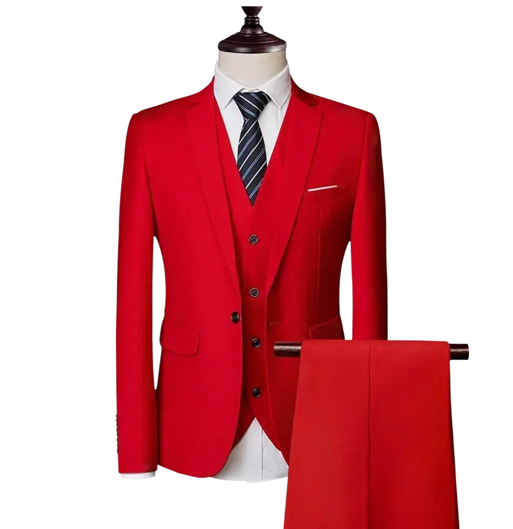Men three piece suit slim fit formal outfit in vibrant red fabric featuring tailored jacket vest and matching pants with one button closure