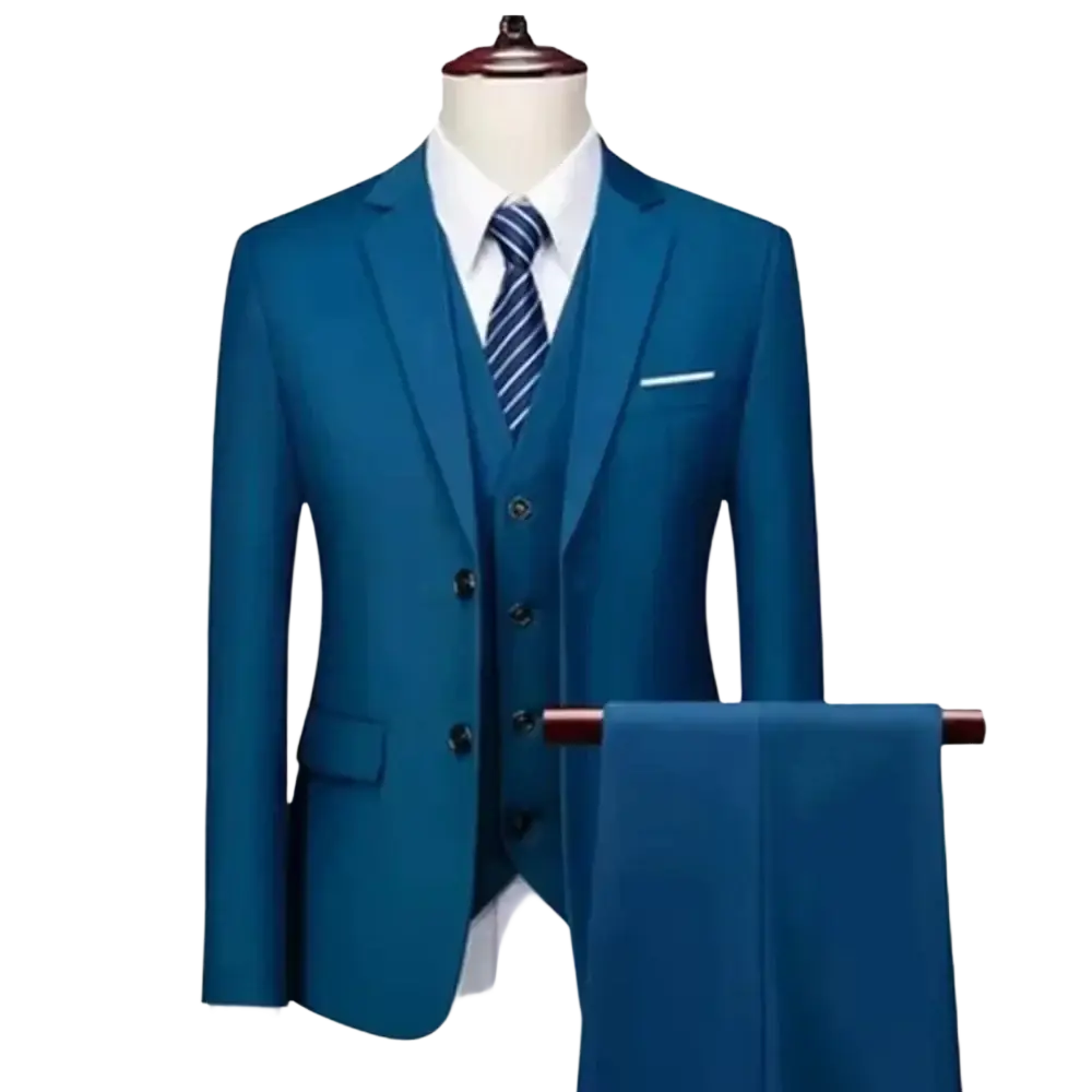 Men three piece suit slim fit formal outfit in sharp teal blue by yaoyun with tailored blazer black buttons and matching vest over white shirt