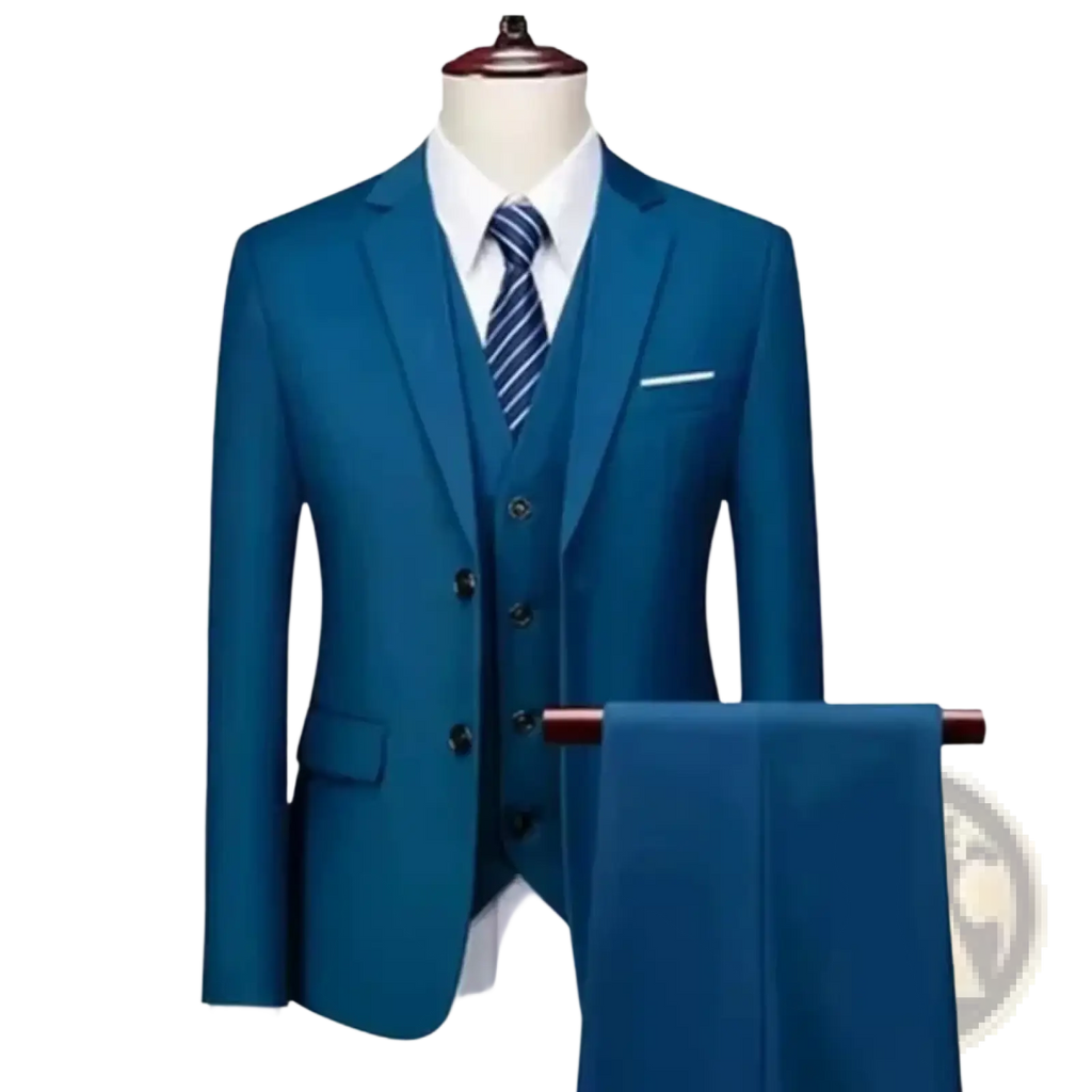 Men three piece suit slim fit formal outfit in sharp teal blue by yaoyun with tailored blazer black buttons and matching vest over white shirt