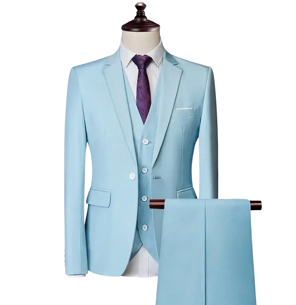 Men three piece slim fit formal outfit in sky blue featuring tailored jacket vest and pants with matching buttons