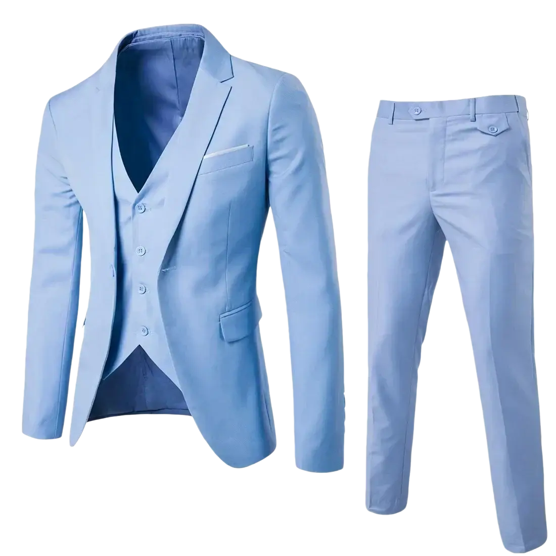 Men three piece slim fit formal suit set in sky blue featuring tailored jacket vest and matching pants