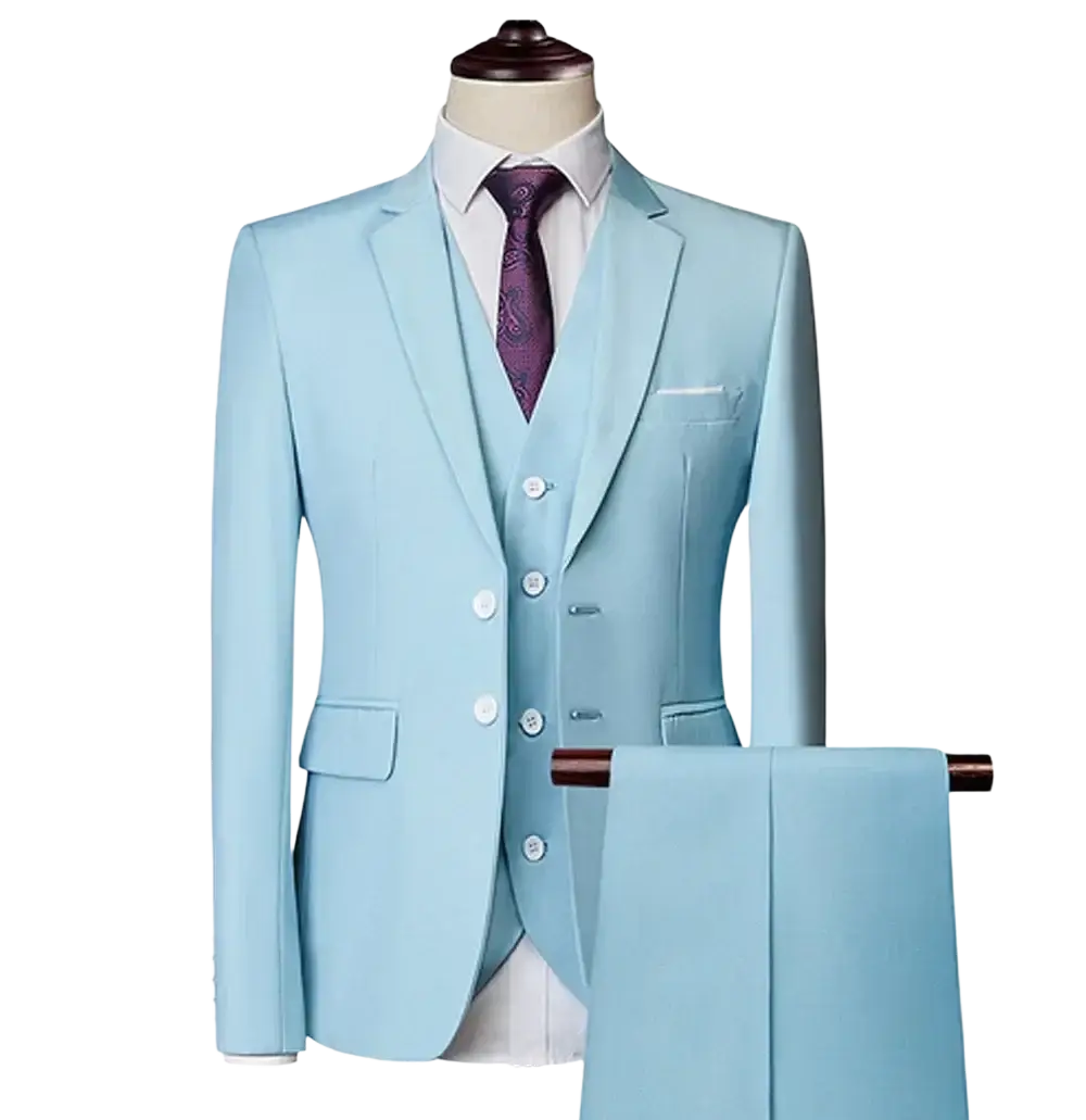 Men three piece suit slim fit formal outfit in sky blue featuring tailored jacket vest pants white buttons and purple patterned tie