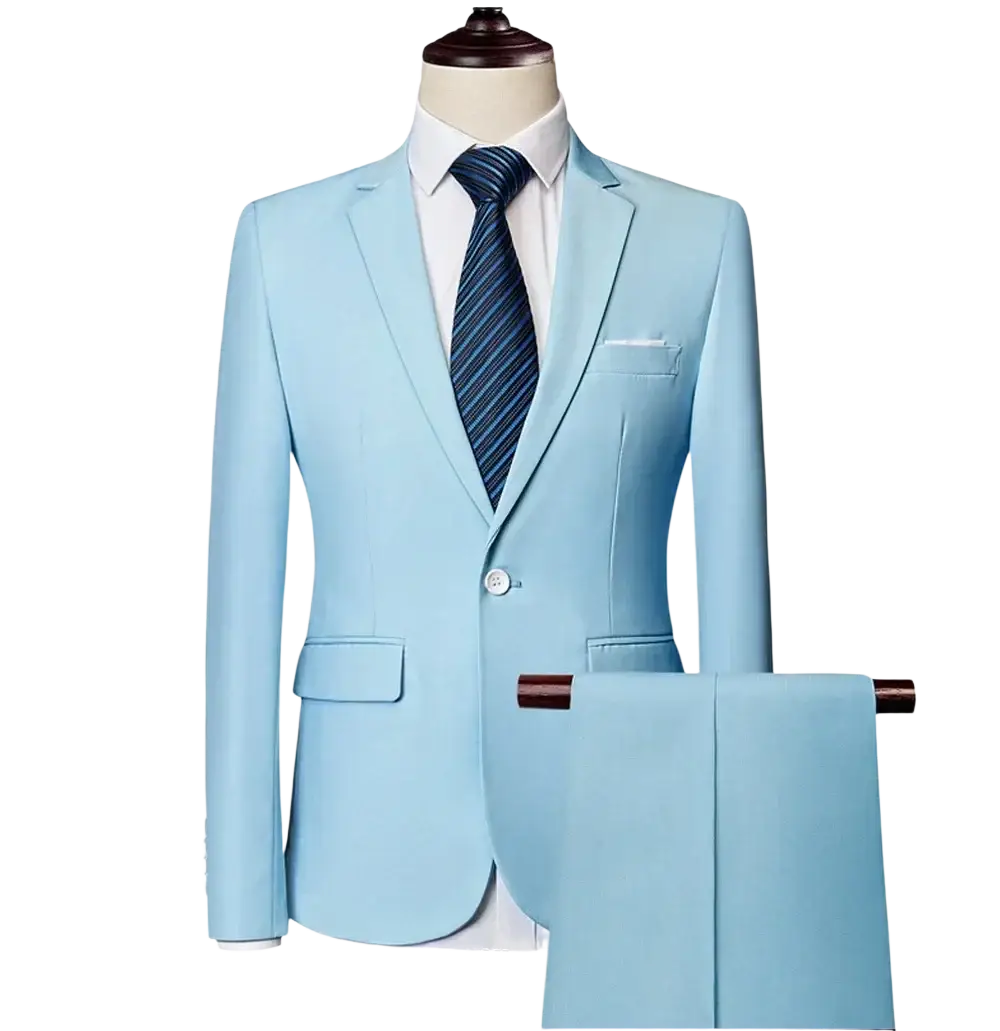 Sky blue men three piece suit slim fit formal outfit featuring a two-piece design with single button closure and matching pants