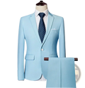 Sky blue men three piece suit slim fit formal outfit featuring a two-piece design with single button closure and matching pants