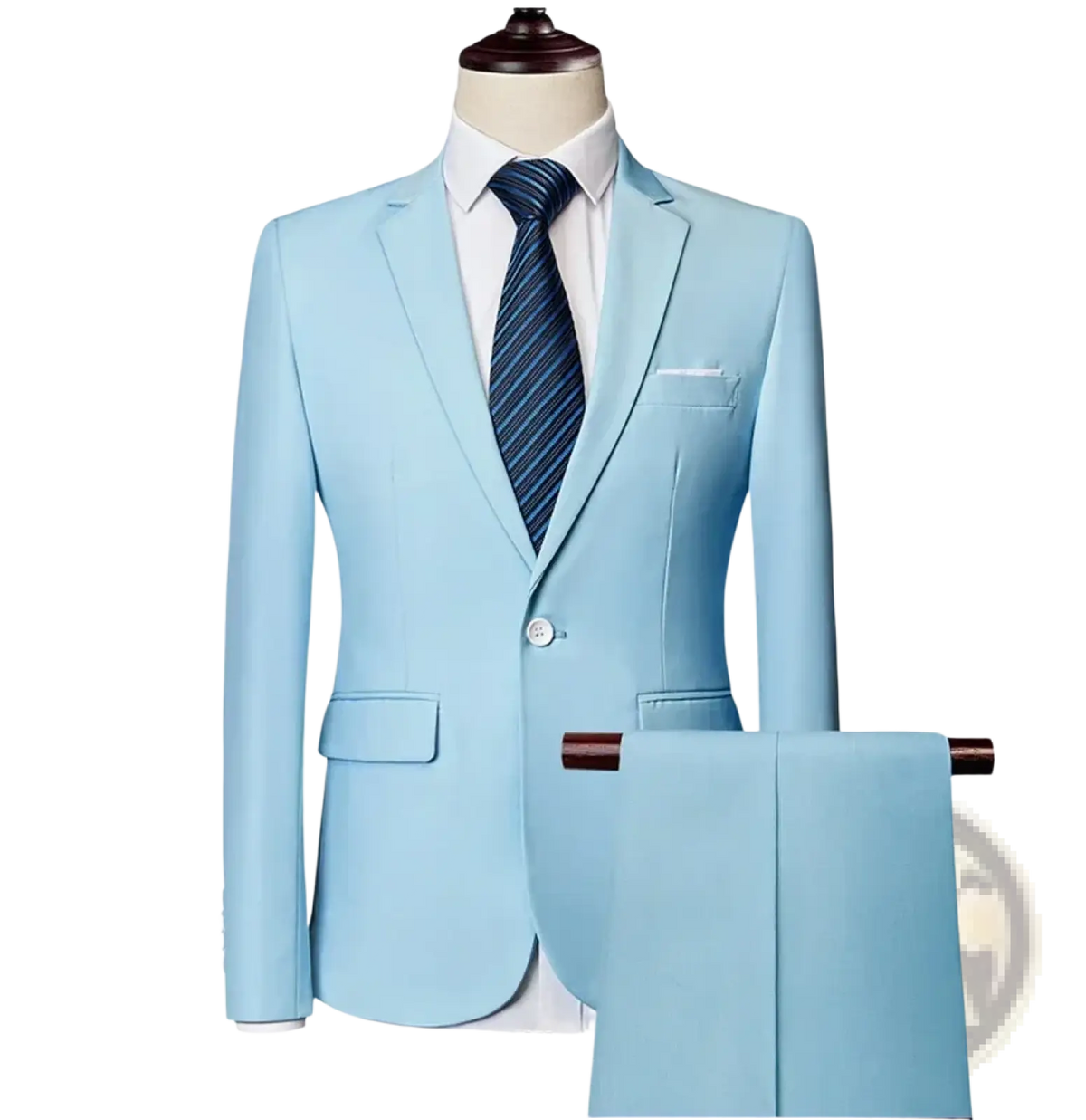 Sky blue men three piece suit slim fit formal outfit featuring a two-piece design with single button closure and matching pants