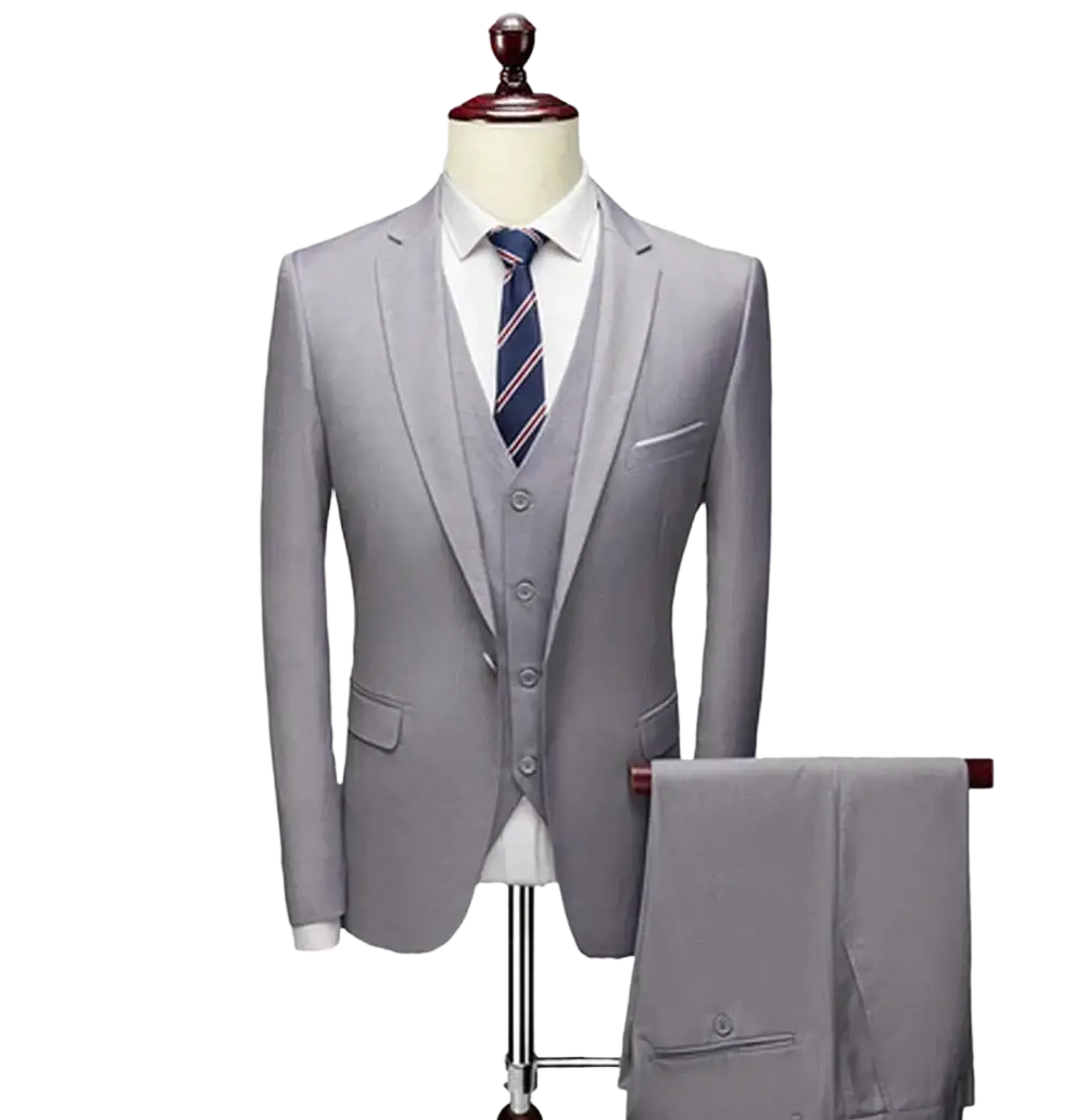 Men three piece slim fit formal suit in sleek grey featuring a tailored jacket vest and one button closure pants