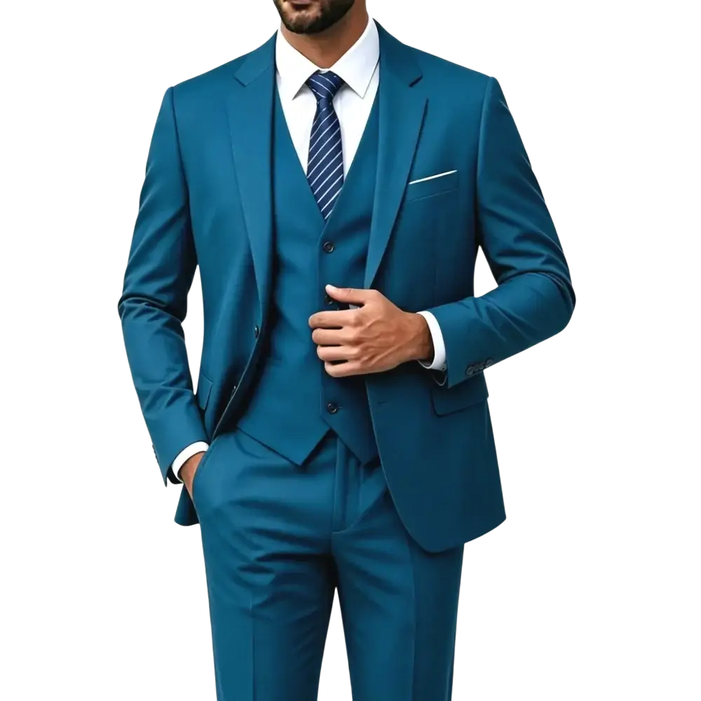 Men three piece suit slim fit formal outfit in teal yaoyun with a sleek tailored fit and matching vest