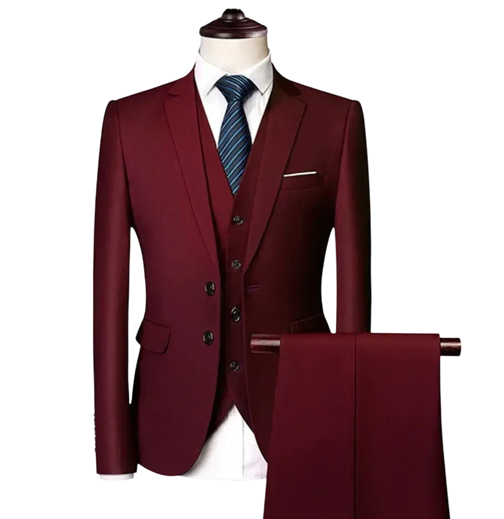 Men three piece suit slim fit formal outfit in wine red featuring tailored jacket vest and pants with black buttons
