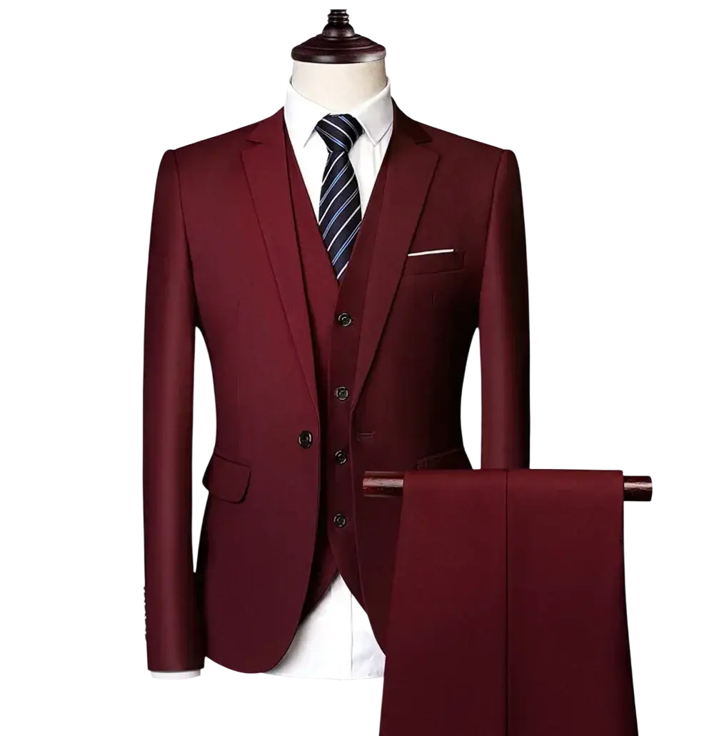 Men three piece suit slim fit formal outfit in wine red featuring a tailored jacket vest and pants with one button closure