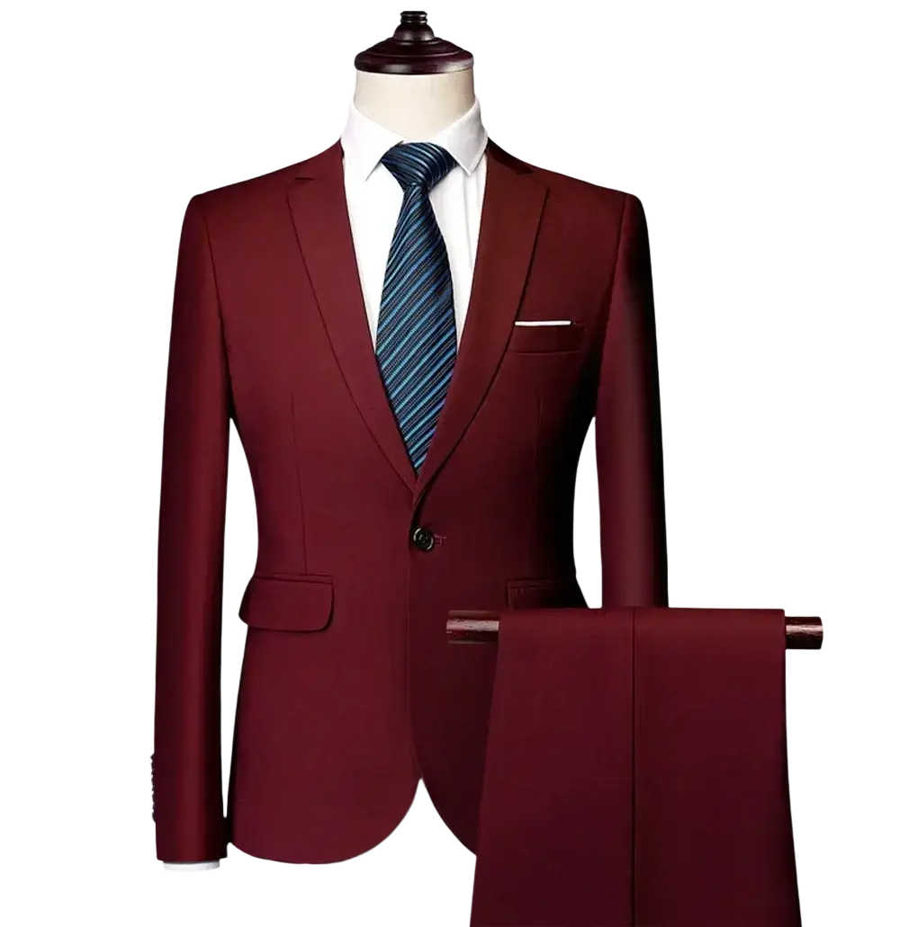 Wine red slim fit two-piece suit with single button tailored jacket and matching pants for formal occasions