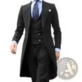Men three piece suit in black tailored slim fit with long coat vest and trousers for wedding groom formal attire