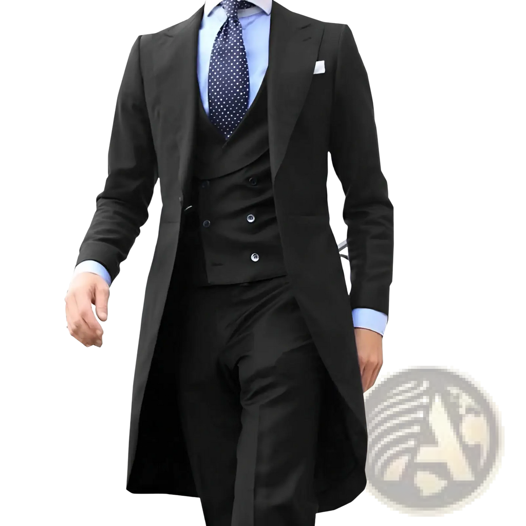 Black tailored three-piece suit with long coat vest and trousers slim fit formal wedding groom attire