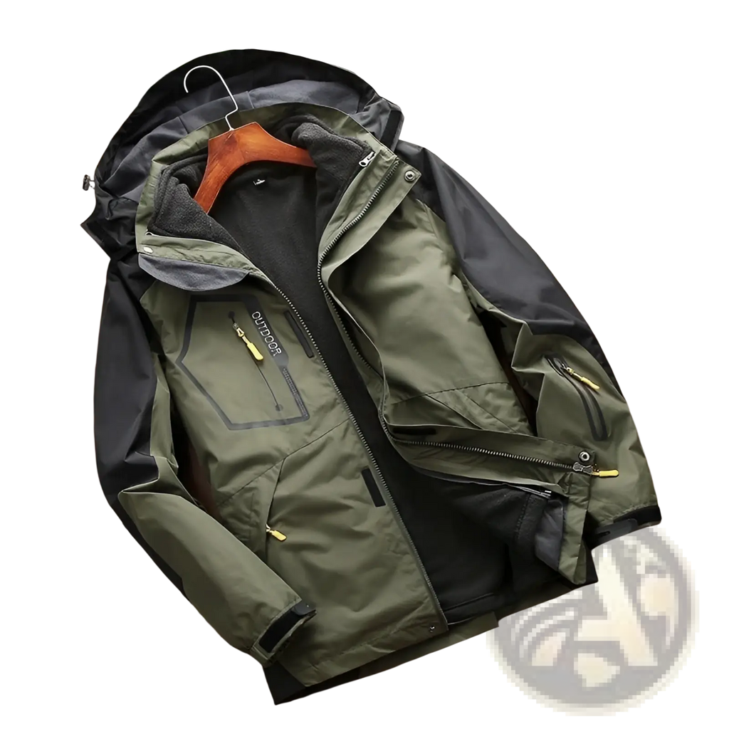 Men three-in-one waterproof winter sportswear jacket in army green and black with yellow zipper pulls