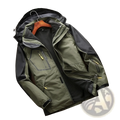 Men three-in-one waterproof winter sportswear jacket in army green and black with yellow zipper pulls