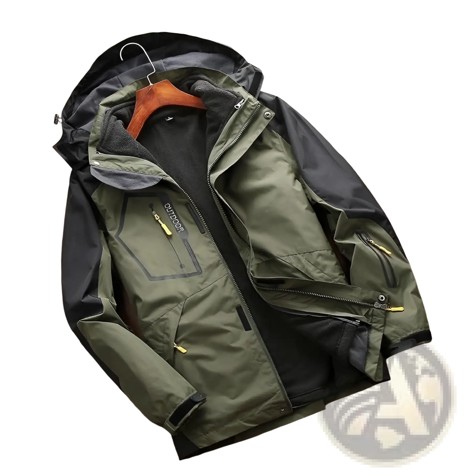 Men three-in-one waterproof winter sportswear jacket in army green and black with yellow zipper pulls