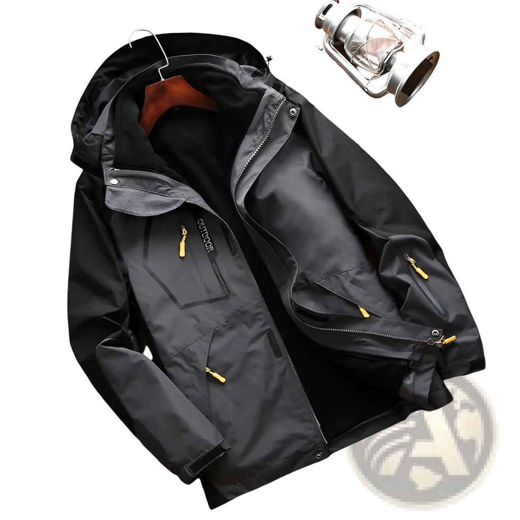 Men three-in-one waterproof winter sportswear black outdoor jacket with gray accents and yellow zipper pulls hanging